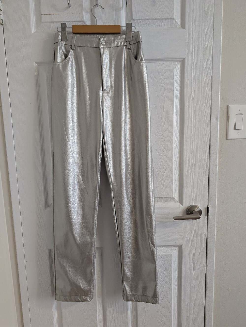 SALTY Silver Metallic Faux Leather Straight Leg Pants Y2K Cyber Punk High Rise S